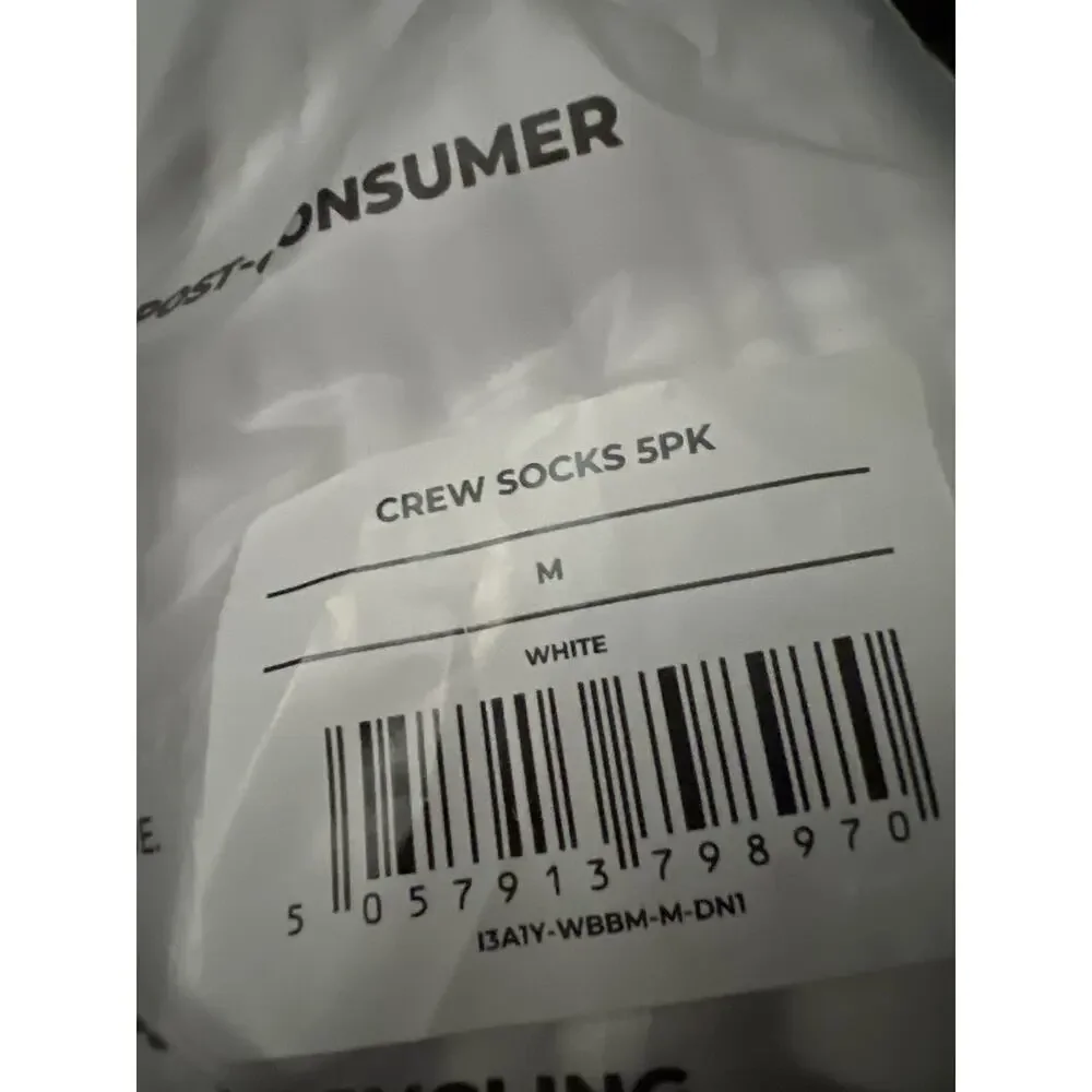 Unisex Adult's Gymshark Terry Knit Crew Socks 5 Pack White Size M NWT